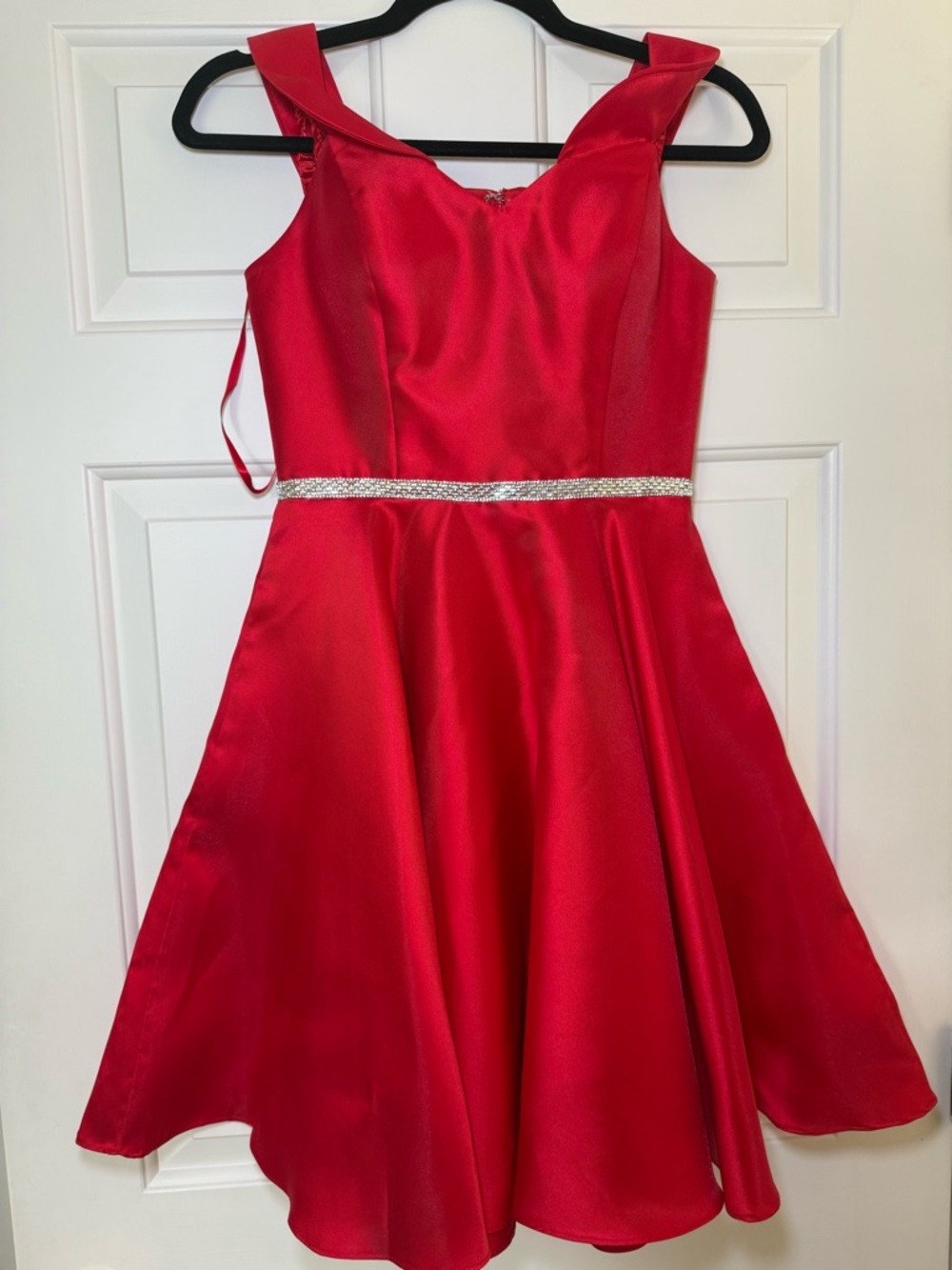 Red Satin Mini Dress with Crystal Waistband